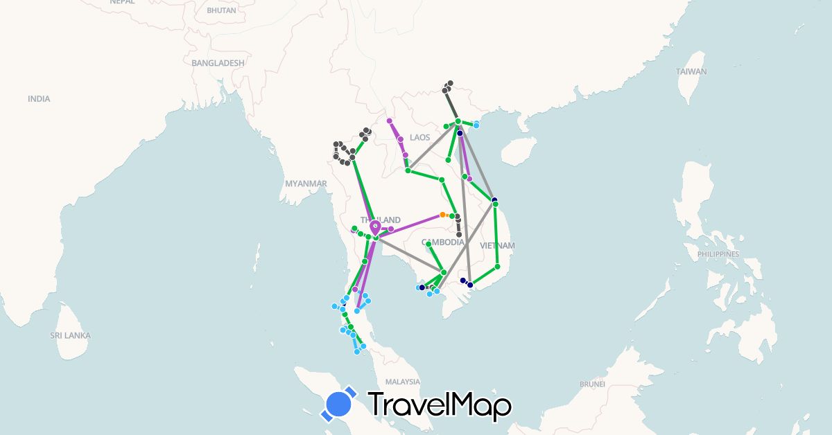 TravelMap itinerary: driving, bus, plane, train, boat, hitchhiking, motorbike in Cambodia, Laos, Thailand, Vietnam (Asia)