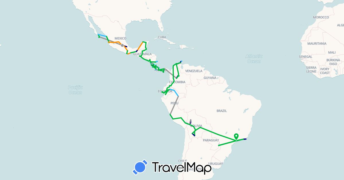 TravelMap itinerary: driving, bus, plane, boat, hitchhiking, motorbike in Argentina, Bolivia, Brazil, Belize, Colombia, Costa Rica, Ecuador, Guatemala, Mexico, Nicaragua, Panama, Peru, El Salvador (North America, South America)